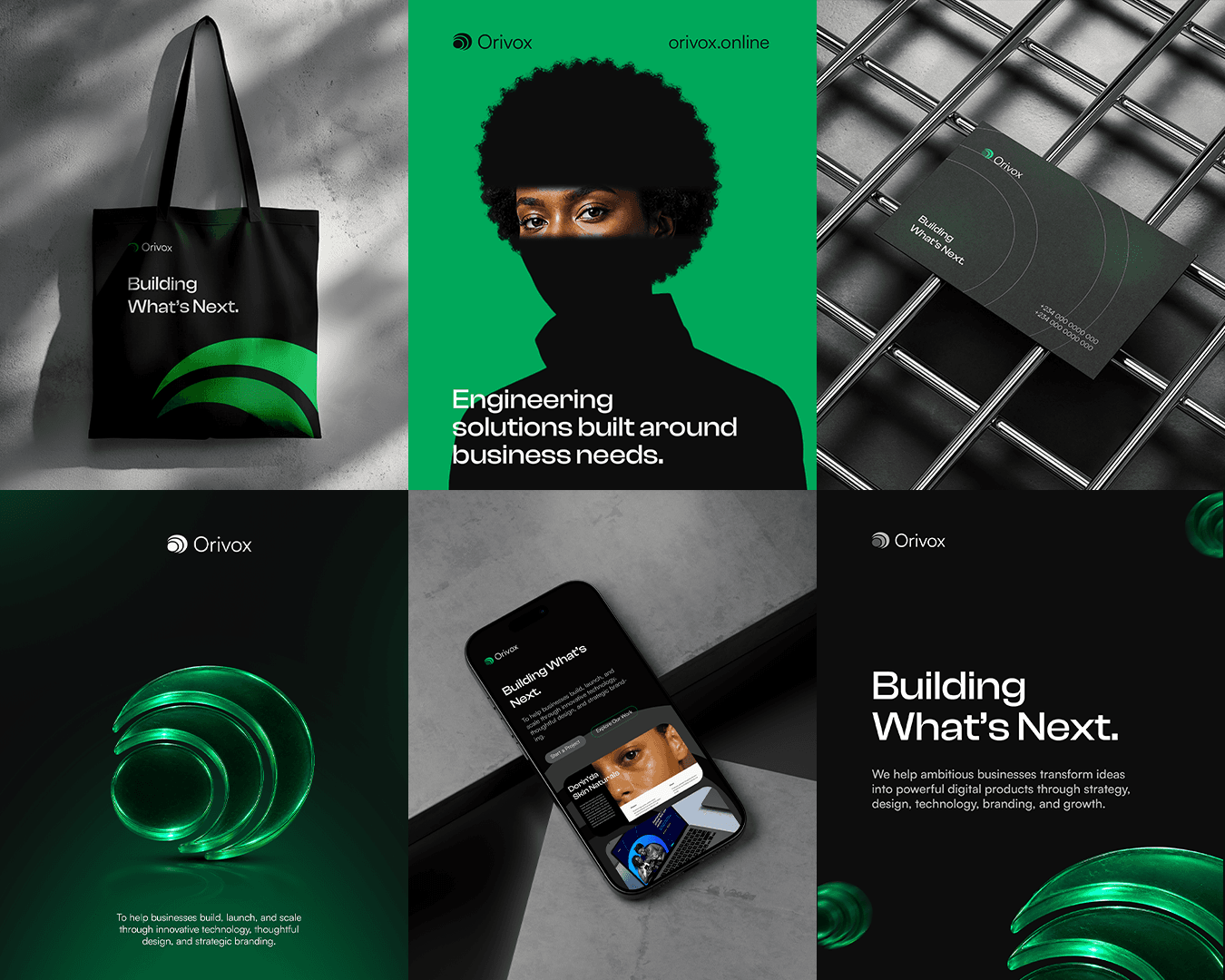A collage of Orivox brand, digital product and identity applications